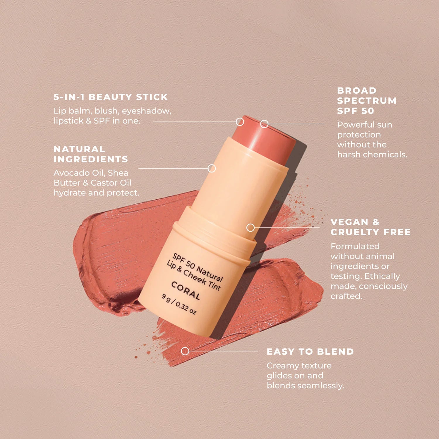 Avocado Zinc SPF50 Lip & Cheek Tint - Coral