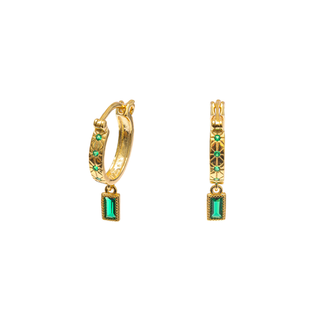 Huggie with Hanging Green CZ - Sterling Silver with Gold Plating