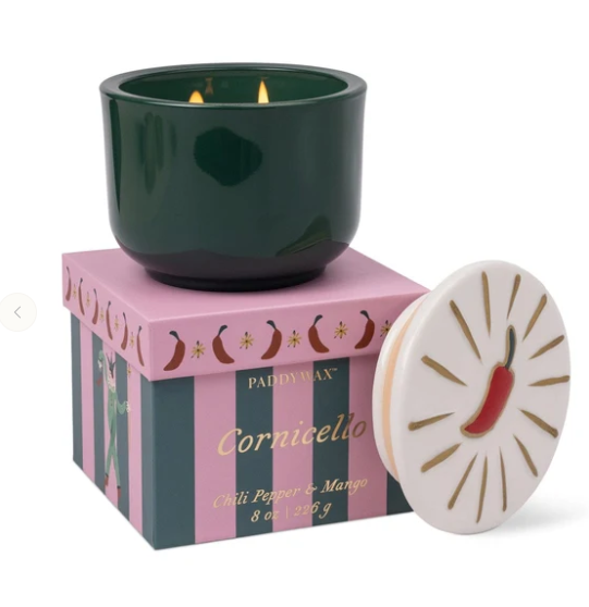Paddywax Charmed 8oz Green Glass w/ Embossed Chili Ceramic Lid & Printed Box - Chili Pepper & Mango