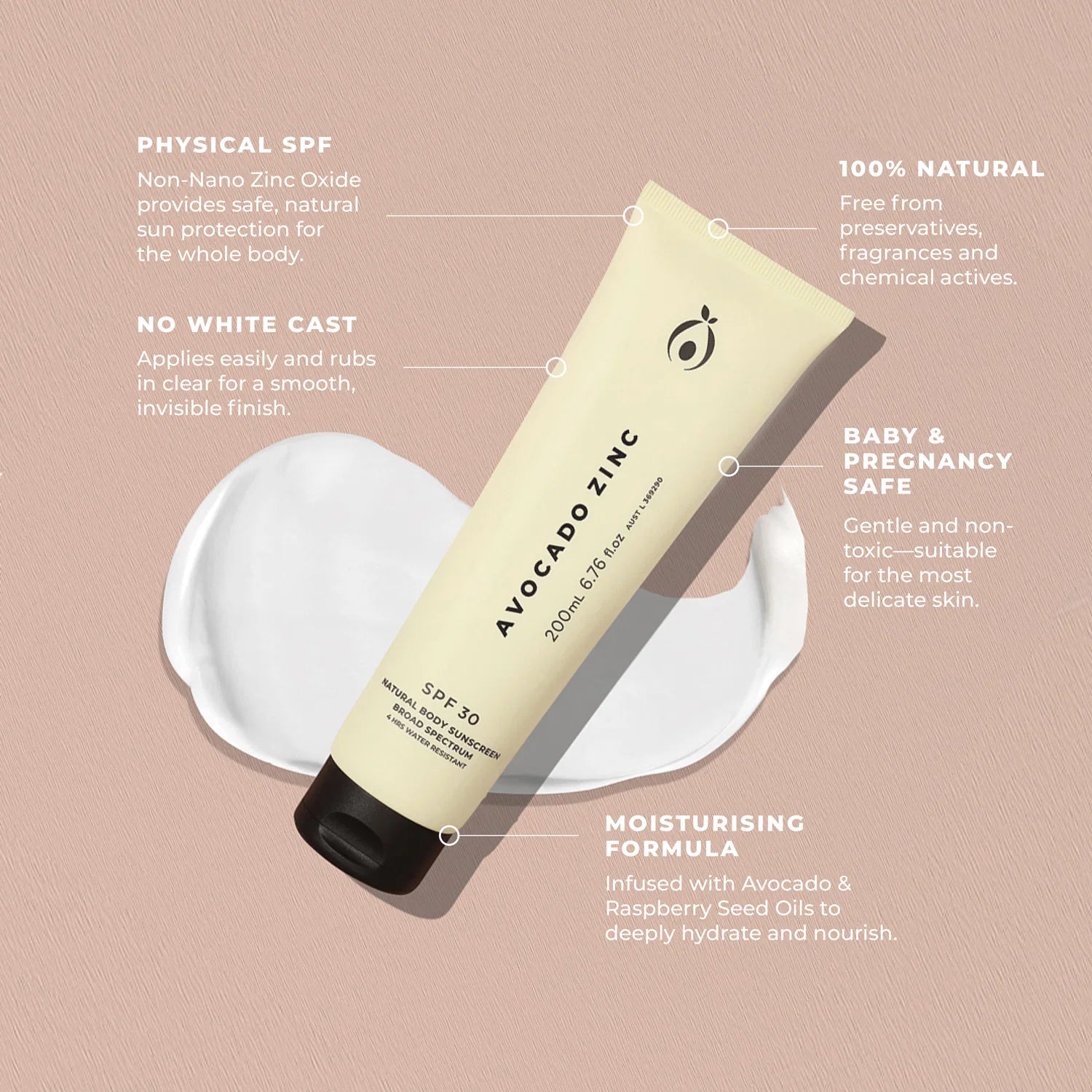 Avocado Zinc Natural Body Sunscreen SPF30 200ml