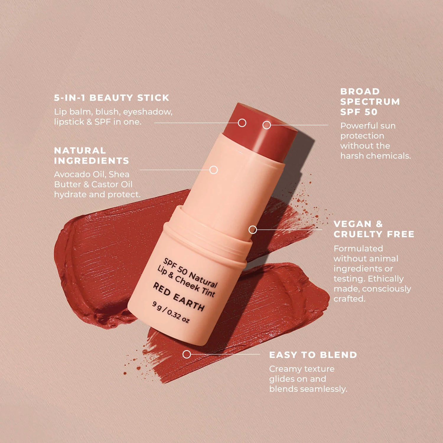 Avocado Zinc SPF50 Lip &amp; Cheek Tint - Red Earth