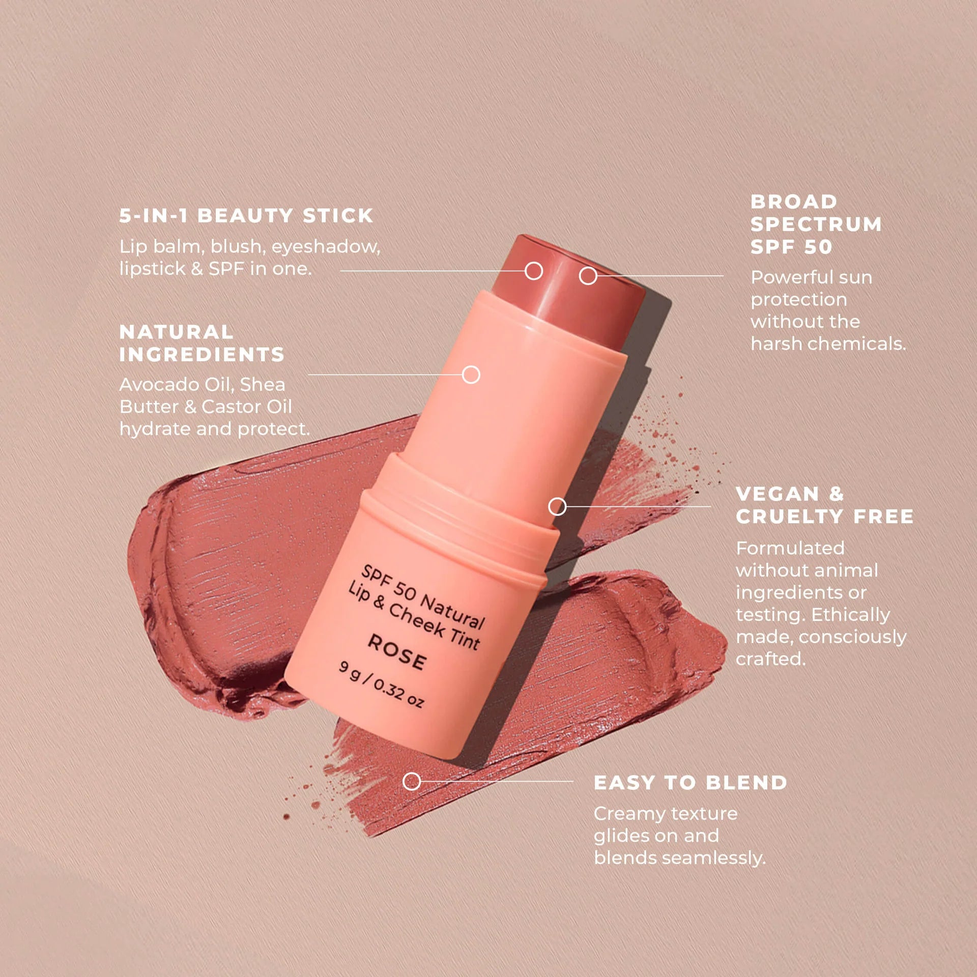 Avocado Zinc SPF50 Lip &amp; Cheek Tint - Rose