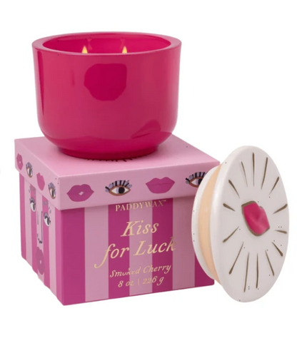 Paddywax Charmed 8oz Hot Pink Glass w/ Embossed Lips Ceramic Lid &amp; Printed Box - Smoked Cherry