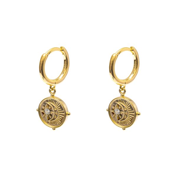 Huggie Earrings Moon &amp; Star CZ - Sterling Silver with Gold Plating